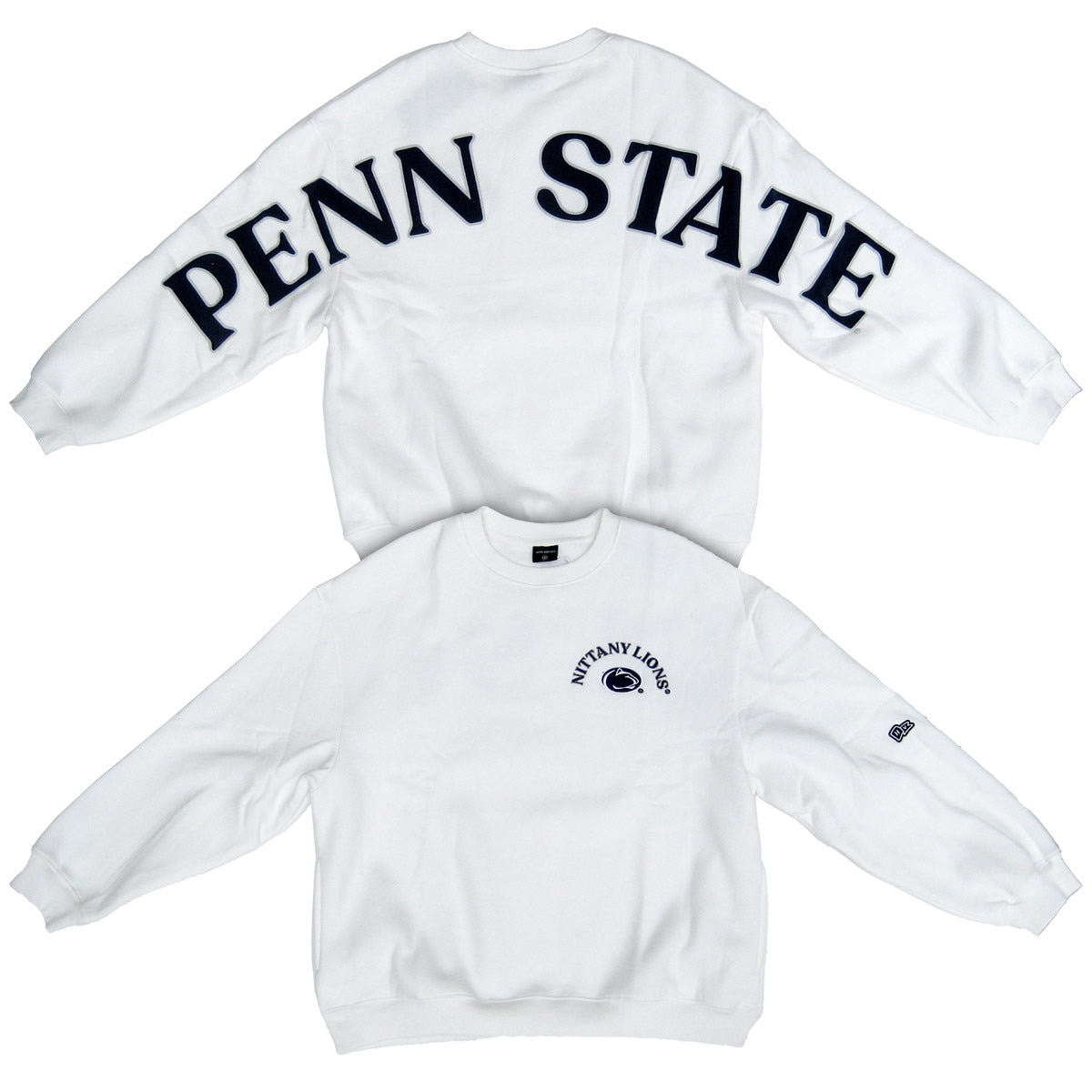white long sleeve crew neck sweatshirt, large Penn State across back and sleeves